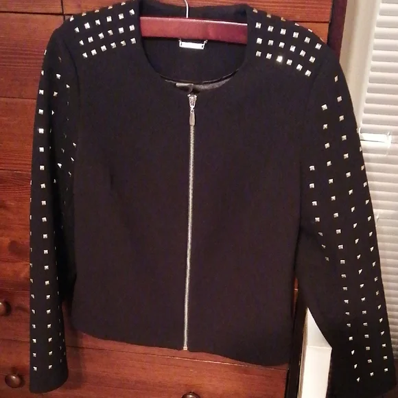 Slimming Jacket By Peter Nygard Black Studded Zip-Front Size 8 - Picture 2 of 9